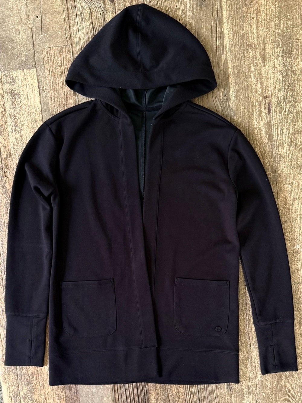 Gaiam Black Open Front Hooded Jacket XS Thumbholes Pockets Yoga Athleisure